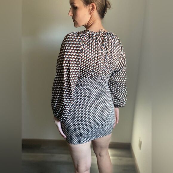 ACOA Puff Sleeve Mini Dress NEW Stretch Earth Tones Party - Picture 6 of 11